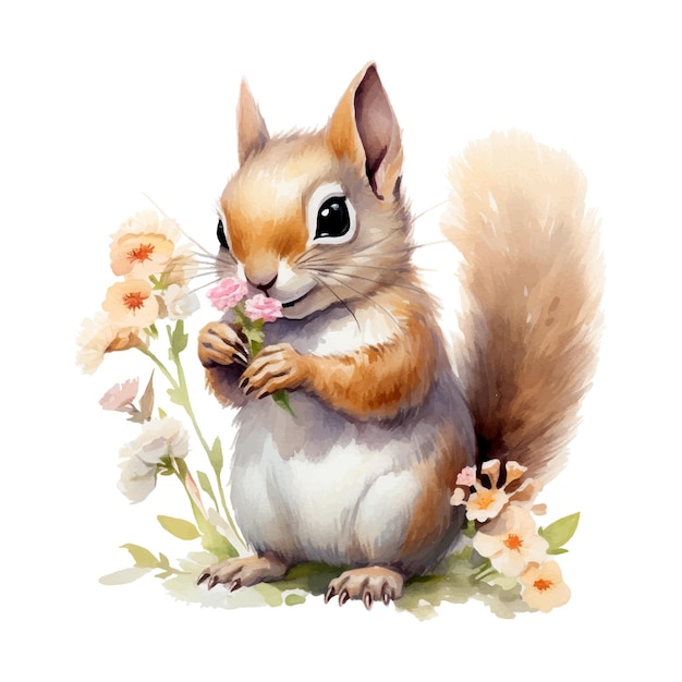 Aquarel eekhoorn met bloemen Vectorillustratie met met de hand getekende eekhoorn Clip art afbeelding
