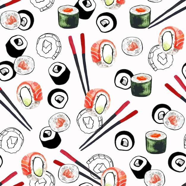 Aquarel en doodle naadloze patroon Aziatisch eten sushi esthetiek voor decor, textiel, servet