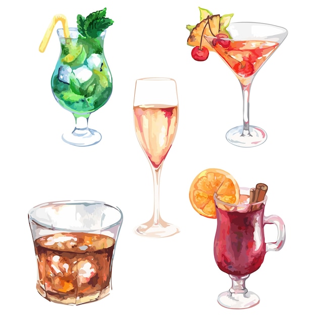 Aquarel exotische drank alcohol cocktail set geïsoleerde vector