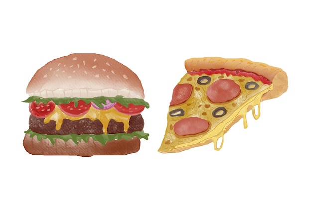 Aquarel fastfood clipart Hamburger en Pizza handgetekende aquarel illustratie op witte achtergrond