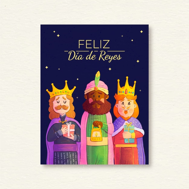 Aquarel feliz navidad reyes magos wenskaartsjabloon