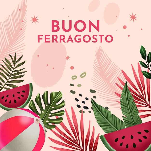 Aquarel ferragosto illustratie met bladeren en watermeloen