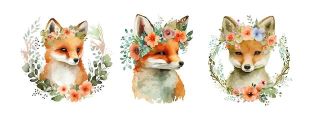 Aquarel Fox en bloemen geïsoleerd op witte achtergrond Cute fox dier boskunst set wild leven cartoon tekenen Vector illustratie