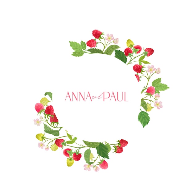 Aquarel framboos bloemen bruiloft vector frame. zomerfruit, bessen, bloemen, bladerenrandsjabloon voor huwelijksceremonie, minimale uitnodigingskaart, decoratieve boho-zomerbanner