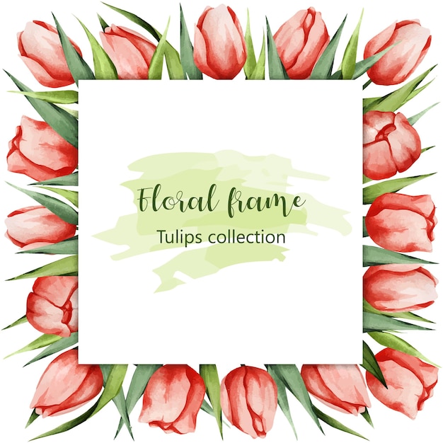 Aquarel frame met rode tulpen Achtergrond met lentebloemen Vakantie kaart uitnodiging banner