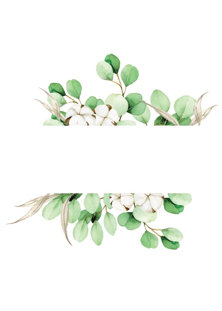 Vector aquarel frame van eucalyptus bladeren en katoenen bloemen delicaat vintage ontwerp voor bruiloft