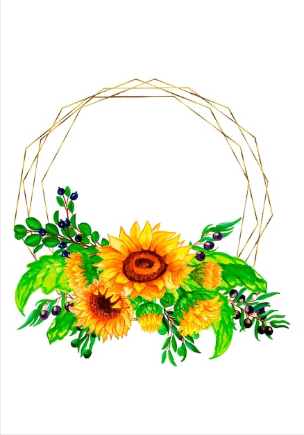 Aquarel frame zonnebloem herfst. Aquarel zonnebloemen houten uithangbord, met de hand getekende bloemen.