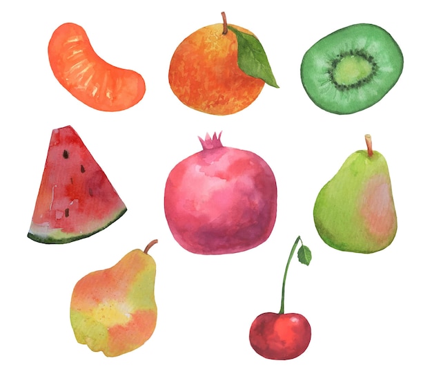 Vector aquarel fruit peer, granaatappel, watermeloen, mandarijn, kiwi, kers geïsoleerd op wit