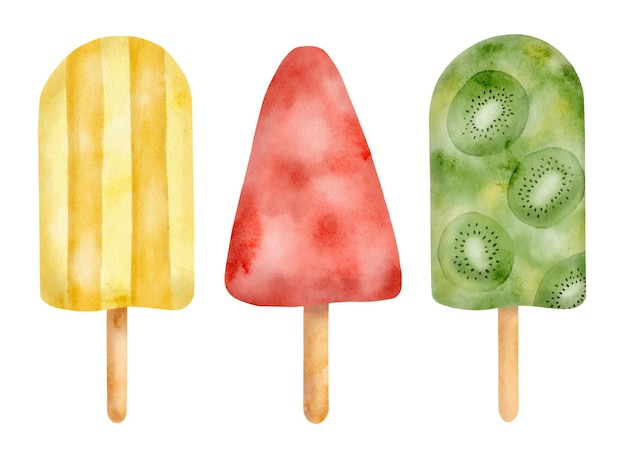 Aquarel fruit popsicle illustratie Hand getekende gele rode en groene kiwi ijs zomer dessert