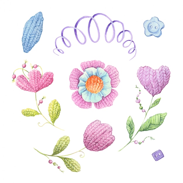 Aquarel gebreide bloemen en breien accessoires. vector illustratie