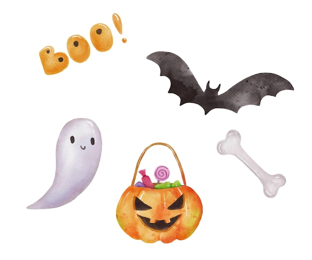 Aquarel geest, vleermuis, bot. Set illustraties voor Halloween geïsoleerd op wit