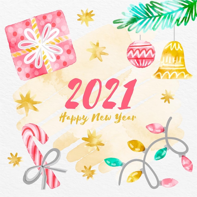 Aquarel gelukkig nieuw jaar 2021 met geschenken