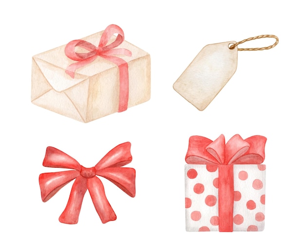 Aquarel geschenkdozen illustratie set met strik en cadeaulabel