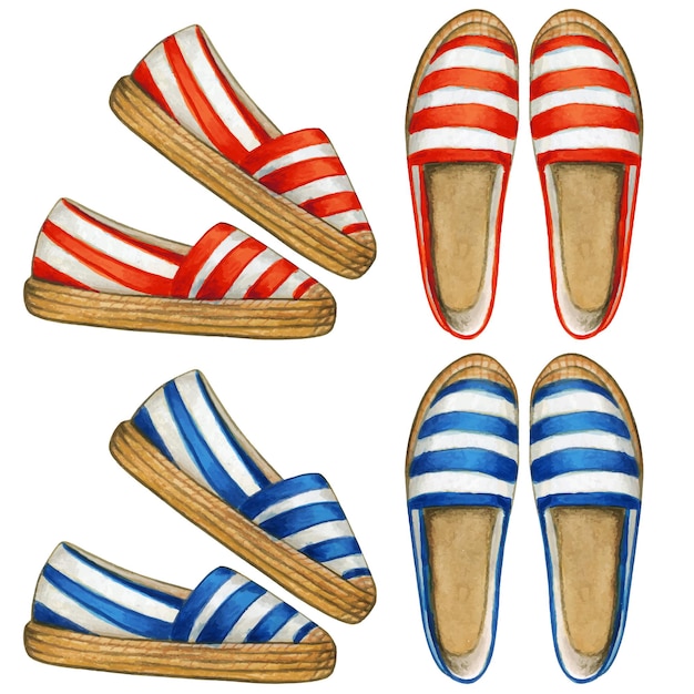 Aquarel gestreepte rode en blauwe espadrilles