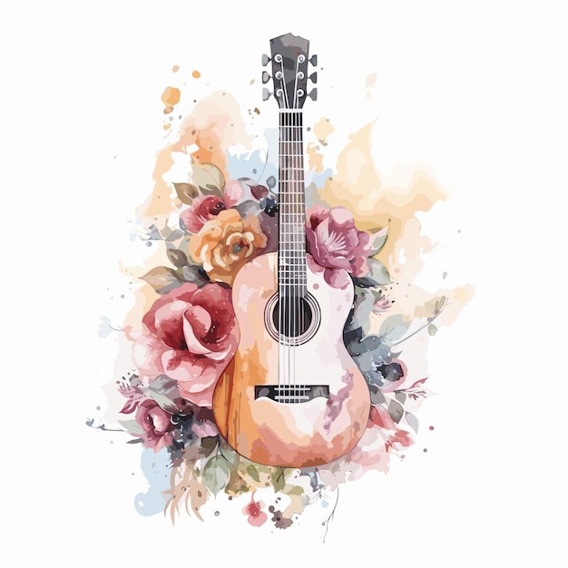 Vector aquarel gitaar op bloem bloemen