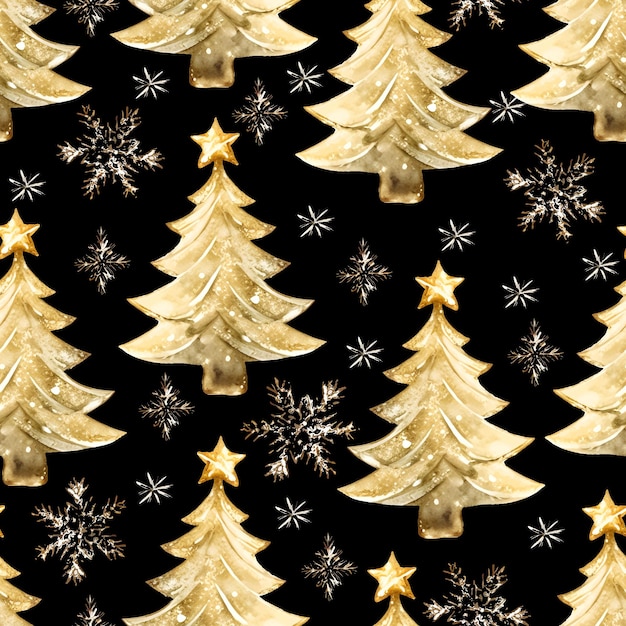 Vector aquarel gouden glitter kerstbomen op zwarte achtergrond vector naadloze patroon vectorillustratie