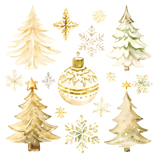 Aquarel gouden kerstbomen collectie bal speelgoed en sneeuwvlokken set geïsoleerd op wit Traditionele kerstboom decor voor wenskaart en feest ontwerp vectorillustratie