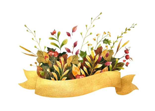 Aquarel gouden lint met herfstbladeren bloemen en bessen Herfst botanische compositie