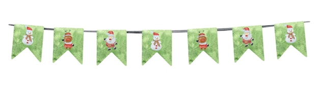 Aquarel groene kerst bunting vlaggen met sneeuwpop en santa