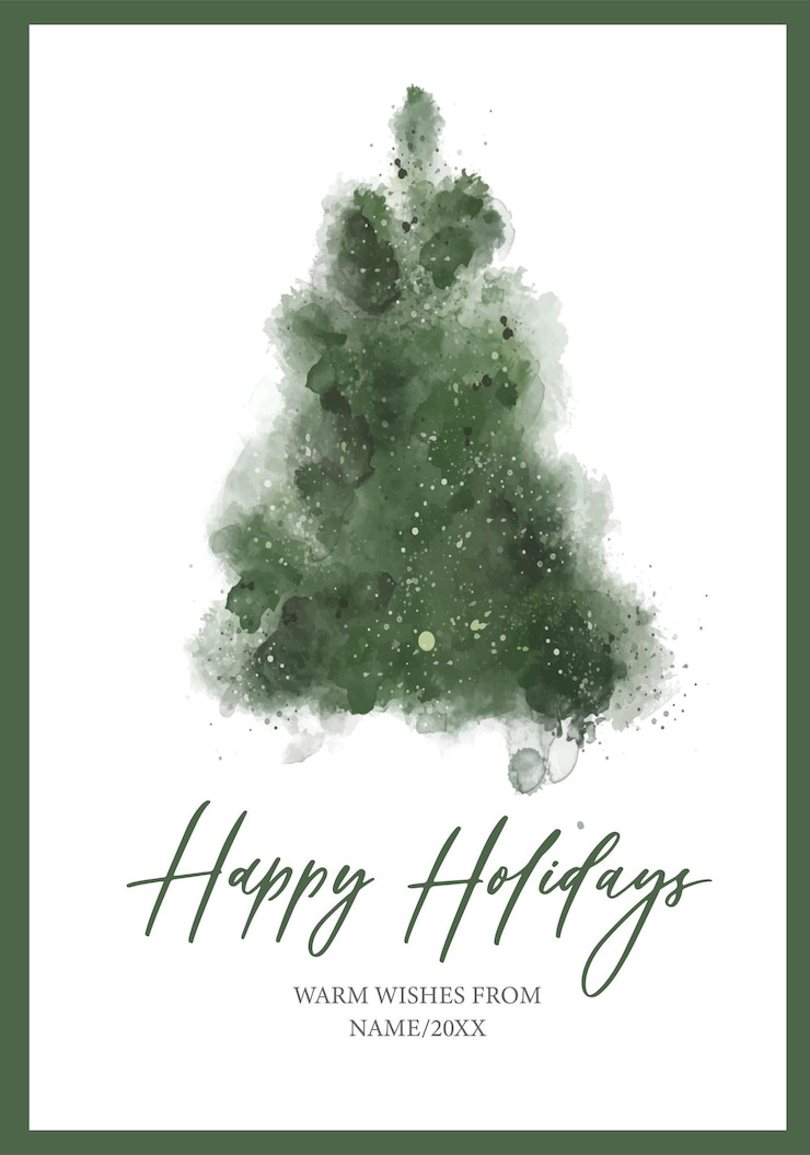Vector aquarel groene kerstboom happy holidays belettering wenskaart