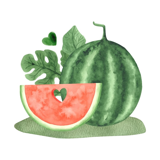 Vector aquarel grote watermeloen en rijp plakje met hart op groen veld zomerwatermeloenfeest