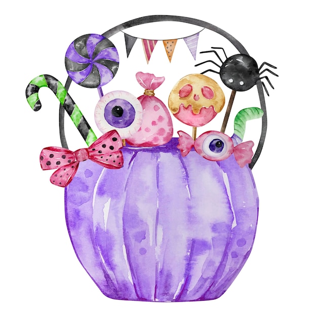 Aquarel Halloween-illustratie van een emmer griezelige snoepjes