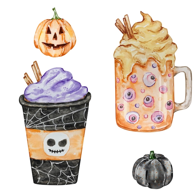 Aquarel Halloween set spookachtige drankjes en koffie