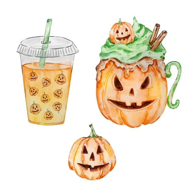 Aquarel Halloween set spookachtige drankjes en koffie