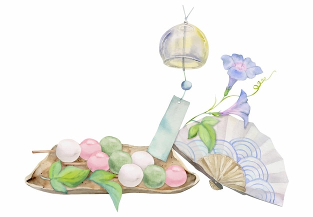 Aquarel hand getekend traditionele Japanse zoetigheden Keramische schotel dango zomer wagashi Geïsoleerd op witte achtergrond Ontwerp voor uitnodigingen restaurant menu wenskaarten print textiel