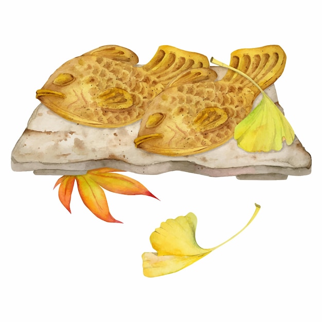 Aquarel hand getekend traditionele japanse zoetigheden keramische schotel taiyaki herfst esdoorn bladeren geïsoleerd op witte achtergrond ontwerp voor uitnodigingen restaurant menu wenskaarten print textiel