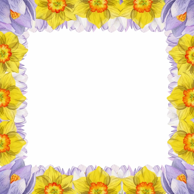 Aquarel hand getekend vierkant frame met lente bloemen krokus sneeuwklokjes narcissen bladeren geïsoleerd op witte achtergrond ontwerp voor uitnodigingen bruiloft wenskaarten behang print textiel