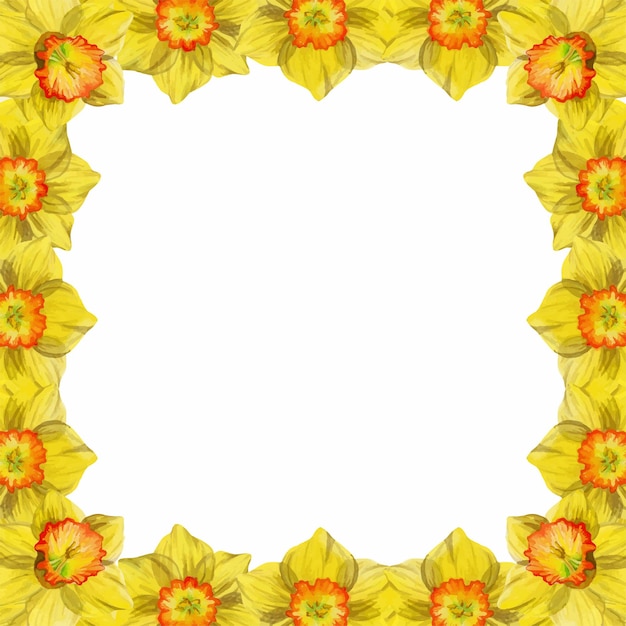 Aquarel hand getekend vierkant frame met lente bloemen narcissen sneeuwklokjes takken bladeren geïsoleerd op witte achtergrond ontwerp voor uitnodigingen bruiloft wenskaarten behang print textiel