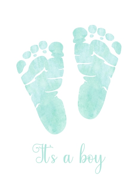 Aquarel hand getekende baby jongen blauwe voetafdruk op witte achtergrond Het is een illustratie van een jongen