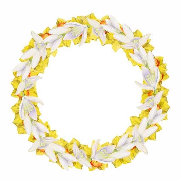 Aquarel hand getekende cirkel krans met lente bloemen narcissen krokus sneeuwklokjes bladeren geïsoleerd op witte achtergrond ontwerp voor uitnodigingen bruiloft wenskaarten behang print textiel