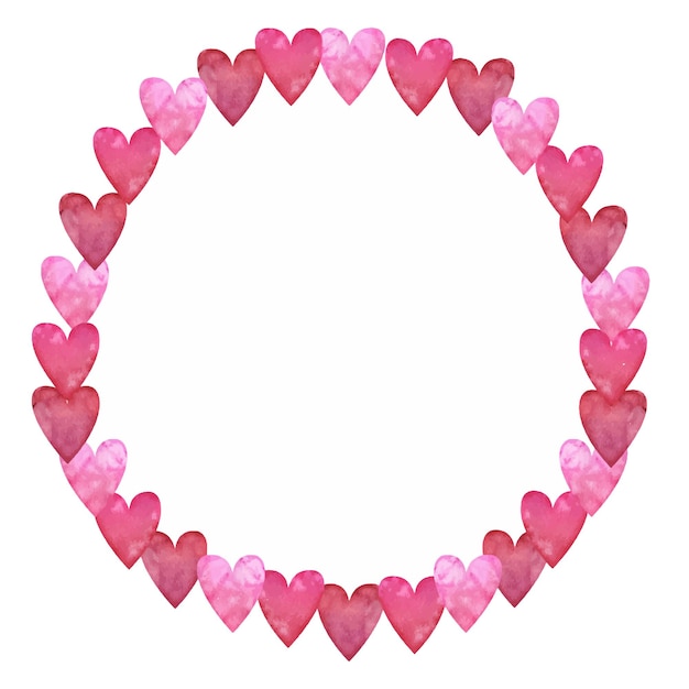 Aquarel hand getekende krans van rood paars roze en scharlaken harten voor Valentijnsdag geïsoleerd op witte achtergrond ontwerp voor papier liefde en wenskaarten textiel print behang bruiloft