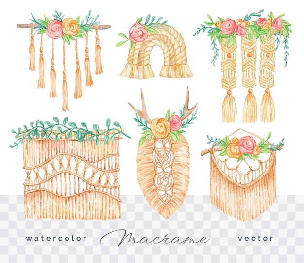 Vector aquarel hand getekende macramé met bloemen geïsoleerd