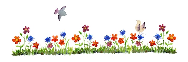 Vector aquarel hand getekende platteland gras banner met bloemen en vogels geïsoleerd op een witte achtergrond ontwerpsjabloon voor kaarten cadeau tassen uitnodigingen textiel print behang voor kinderen
