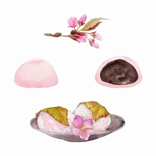 Aquarel hand getekende traditionele Japanse zoetigheden lente wagashi sakura mochi daifuku kers geïsoleerd op witte achtergrond ontwerp voor uitnodigingen restaurant menu wenskaarten print textiel