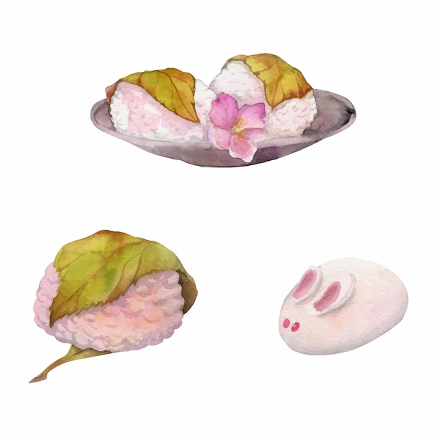 Aquarel hand getekende traditionele Japanse zoetigheden lente wagashi sakura mochi daifuku kers geïsoleerd op witte achtergrond ontwerp voor uitnodigingen restaurant menu wenskaarten print textiel