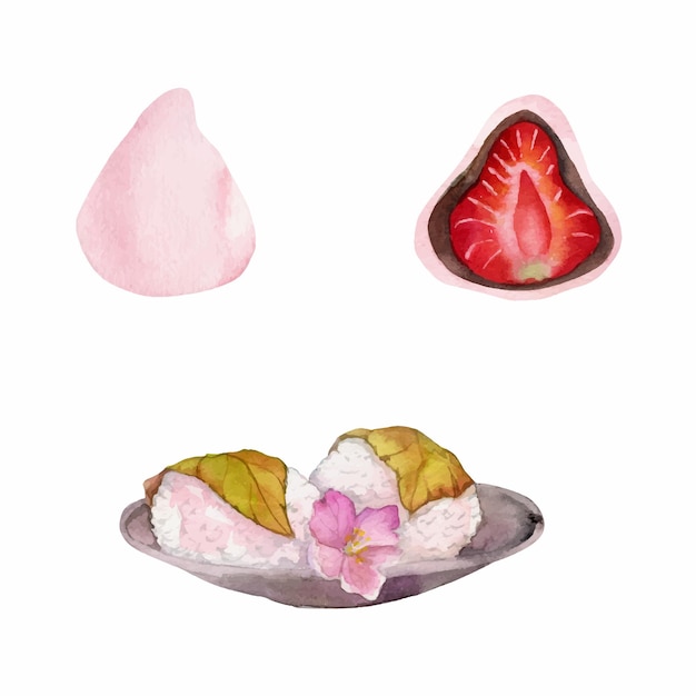 Aquarel hand getekende traditionele Japanse zoetigheden lente wagashi sakura mochi daifuku kers geïsoleerd op witte achtergrond ontwerp voor uitnodigingen restaurant menu wenskaarten print textiel
