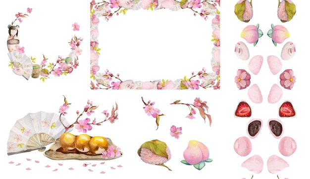 Aquarel hand getekende traditionele Japanse zoetigheden Set composities met lente wagashi taiyaki thee frames Geïsoleerd op witte achtergrond Uitnodigingen restaurant menu wenskaarten print textiel