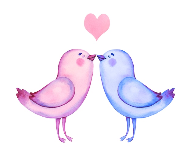 Aquarel hand getrokken vogels in de liefde. valentijnsdag clipart. cartoon vogels illustratie.