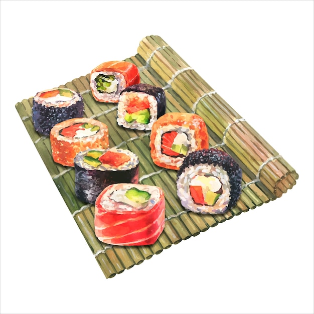 Aquarel hand schilderij illustratie van houten tapijt, bamboe sushi mat met set sushi rollen.