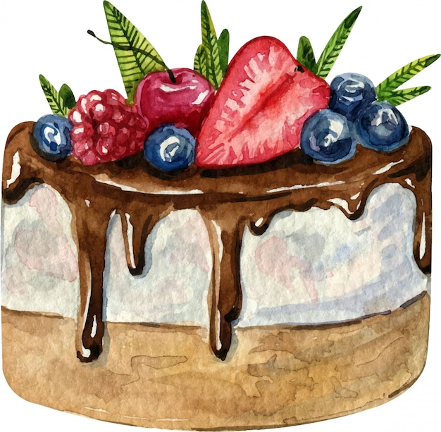 Vector aquarel handgeschilderde cake met kersen, aardbeien, bosbessen en frambozen