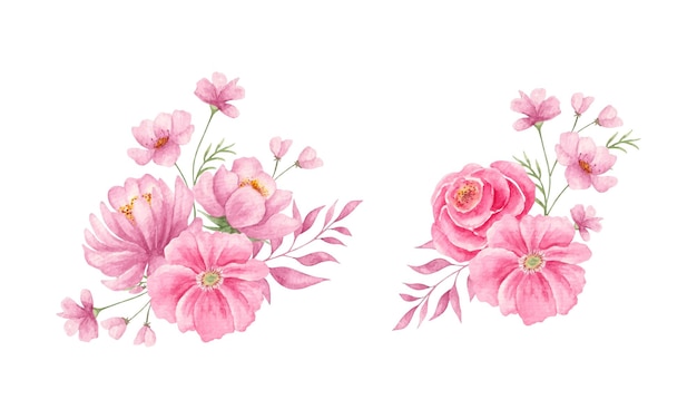 Vector aquarel handgeschilderde roze bloemboeket set collectie