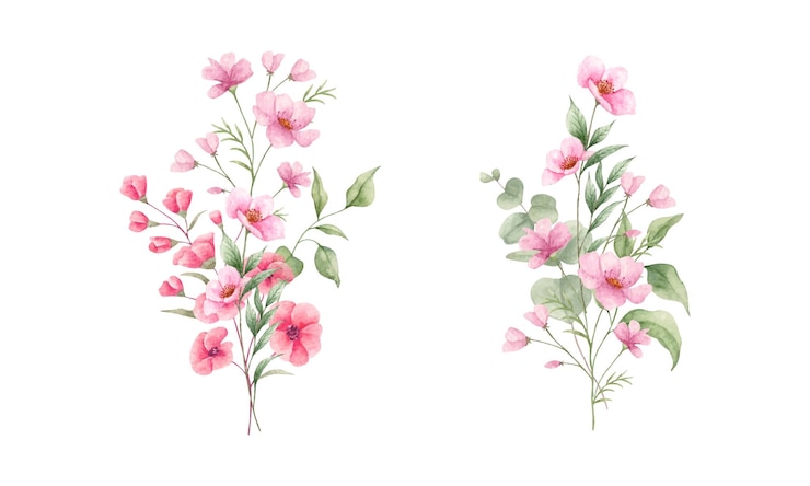 aquarel handgeschilderde roze bloemboeket set collectie