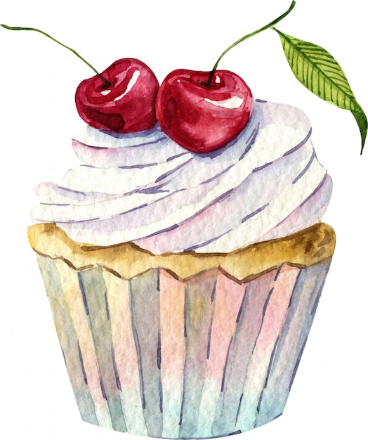 Aquarel handgeschilderde taart. Geïsoleerd element. Cupcake met kersen