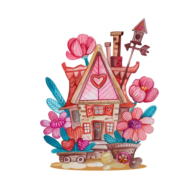 Aquarel handgetekende illustratie met klein huis