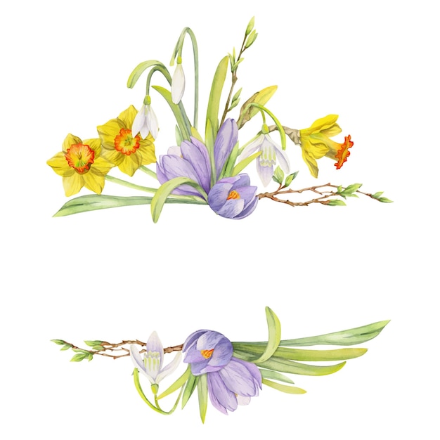 Vector aquarel handgetekende samenstelling met lente bloemen krokus sneeuwklokjes narcissen boog cadeau tag geïsoleerd op witte achtergrond voor uitnodigingen bruiloft wenskaarten behang print textiel