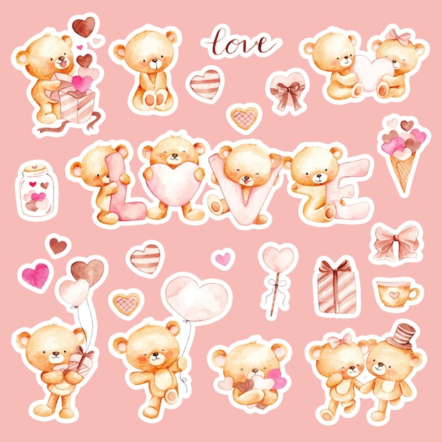 Aquarel handgetekende schattige teddybeer sticker